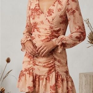 Papaya Peach Floral V-Neck Long Sleeve Mini Dress